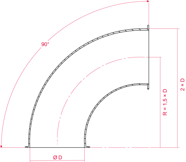 In this image we can see a tehnical drawing of a 90 degrees elbow fitting.