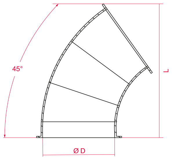 In this image you can see a drawing of a 45 degrees segment bend